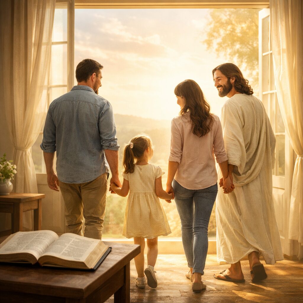 família com jesus olhando para a luz