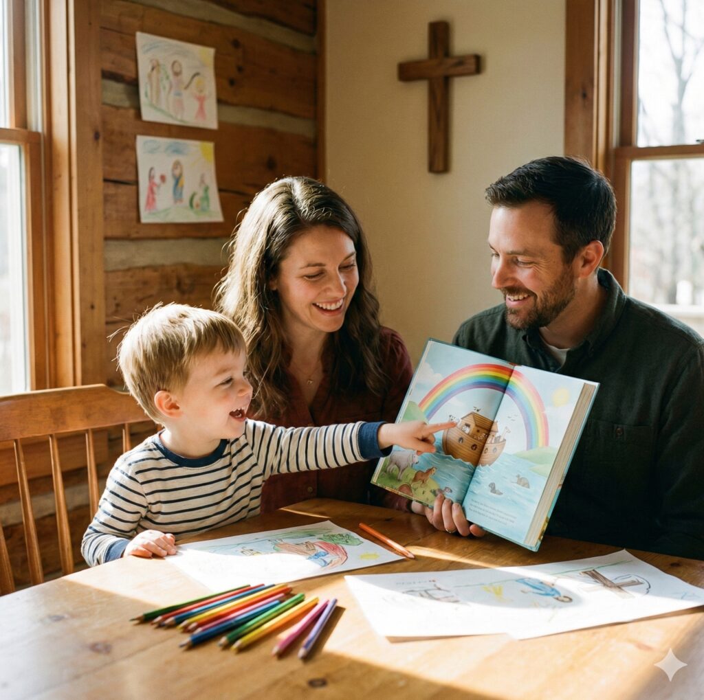 família com livro e arco íris