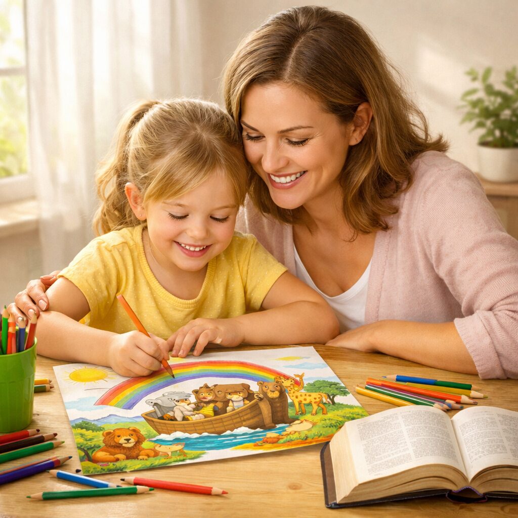 mãe e filha colorindo arca de noé