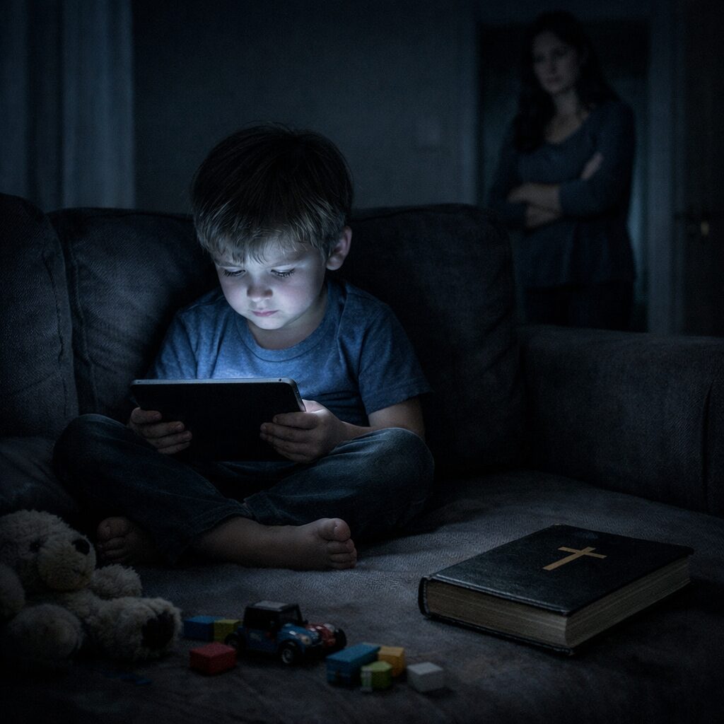 menino vidrado no tablet, escuro